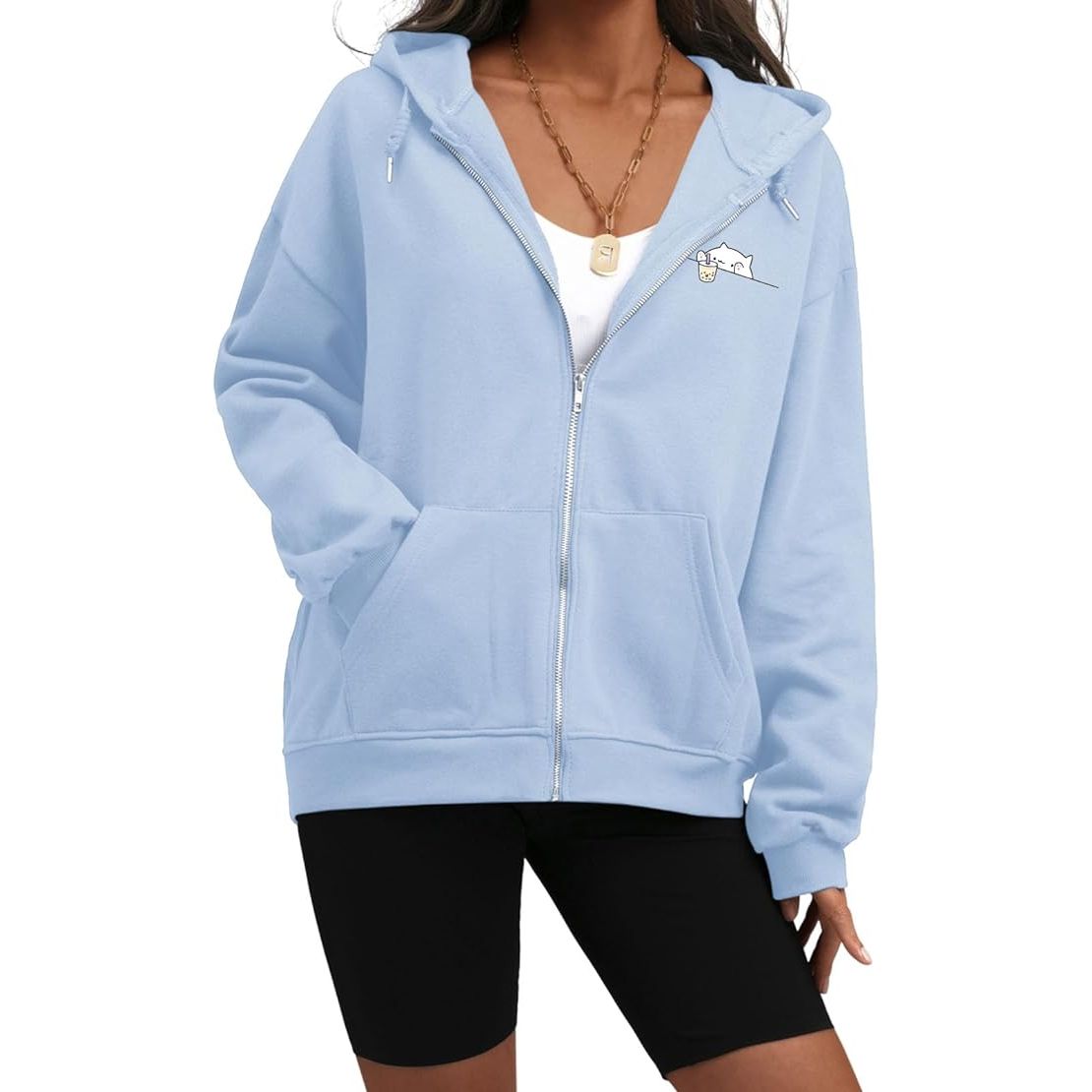 Weetiotio Plain Oversized Zip Up Hoodie for Women Fleece Full Zip Jacket Cute Casual Zipper Hooded Sweatshirt for Teen Girls image