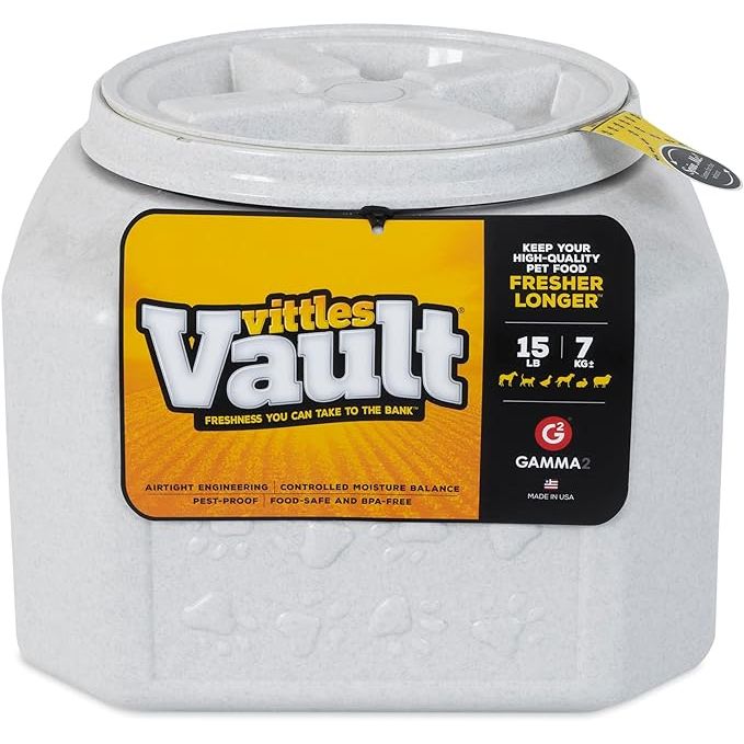 The Gamma2 Vittles Vault Dog Food Storage Container is a durable and airtight storage solution for keeping your pet's dry food fresh and free from pests. This container has a capacity of up to 10-15 pounds of dry pet food, making it suitable for storing smaller quantities of food for your furry friend.