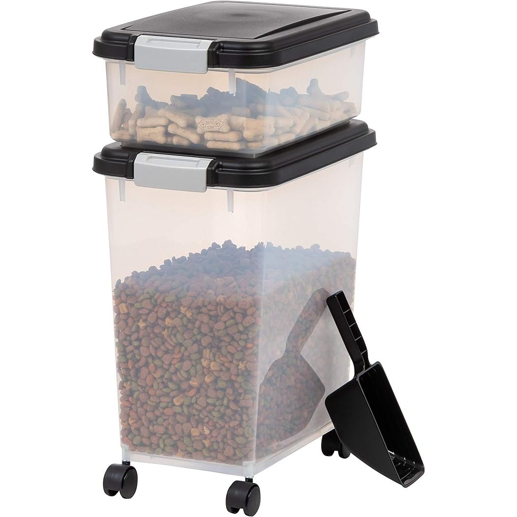 The IRIS USA 30 lbs & 11 lbs Combo Airtight Dog Food Storage Container is designed to keep your pet's food fresh and easily accessible. The airtight seal ensures that your pet's food stays fresh and free from pests and moisture. The containers are stackable, allowing you to save space in your home while keeping multiple types of food organized.