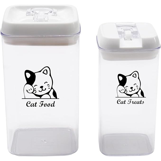 The Pethiy Cat Food and Pet Cat Treats Storage Container is a two-piece set of clear plastic airtight storage canisters designed to store your pet's food and treats. These containers are made from durable and food-safe plastic material, ensuring the freshness and quality of your pet's food remains intact.