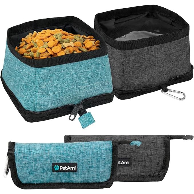 The PetAmi Collapsible Dog Bowls 2 Pack is a convenient and portable food and water bowl set designed for dogs on-the-go. These bowls are collapsible and lightweight, making them easy to pack and transport during outdoor activities such as hiking, camping, or walking.