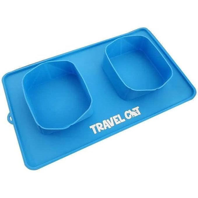 The Travel Cat Collapsible Food and Water Bowl is a 2-in-1 blue portable pet skid mate cat bowl that is designed for easy feeding and watering while on the go. The bowl features a no-spill and non-skid foldable silicone mat that prevents messes and spills, making it perfect for traveling, camping, hiking, or any outdoor activity with your cat.