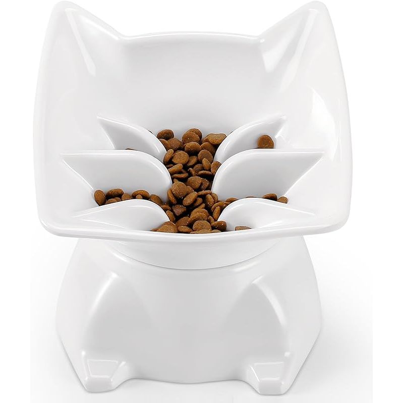 The DNOYEUS Elevated Slow Feeder Cat Bowl is designed specifically for cats and small dogs to make feeding time easier and more comfortable. The bowl is tilted at a slight angle to prevent whisker fatigue, a common issue among pets who have sensitive whiskers. This design allows pets to access their food more easily without experiencing discomfort.