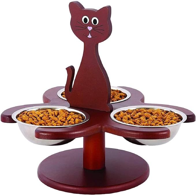 The Etna Pet Store Elevated Cat Bowls are a wooden, raised pet feeder designed to promote better digestion and prevent strain on your cat's joints. This elevated feeder is ideal for cats who have trouble bending down to eat or drink from traditional bowls on the floor.