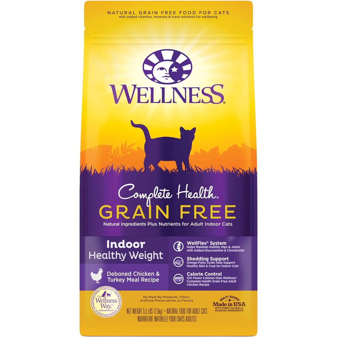 Wellness Natural Pet Food Complete Health Grain-Free Indoor Healthy Weight Chicken & Turkey Meal Recipe Dry Cat Food is a specially formulated dry food for indoor cats looking to maintain a healthy weight. This recipe is grain-free and made with high-quality proteins like chicken and turkey meal to support lean muscle mass and overall health.