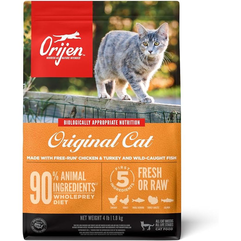 ORIJEN Original Cat is a high-quality, grain-free dry cat food specifically formulated for all life stages. It is made with a variety of wholeprey ingredients, including free-run chicken and turkey, wild-caught fish, and cage-free eggs to mimic the natural diet of cats in the wild.