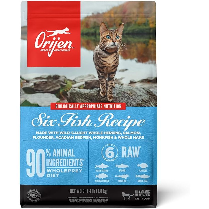 ORIJEN Six Fish Dry Cat Food is a high-quality, grain-free cat food made with whole prey ingredients. This formula is designed for cats of all life stages, from kittens to senior cats, providing a nutritionally balanced diet to support their overall health and well-being.