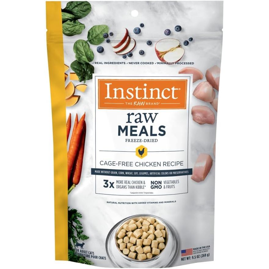 Instinct Freeze Dried Raw Meals Grain Free Recipe Cat Food is a high-quality, natural cat food made with real meat as the main ingredient. This particular variety comes in a 9.5-ounce pack, providing a convenient and nutritious option for your feline friend.