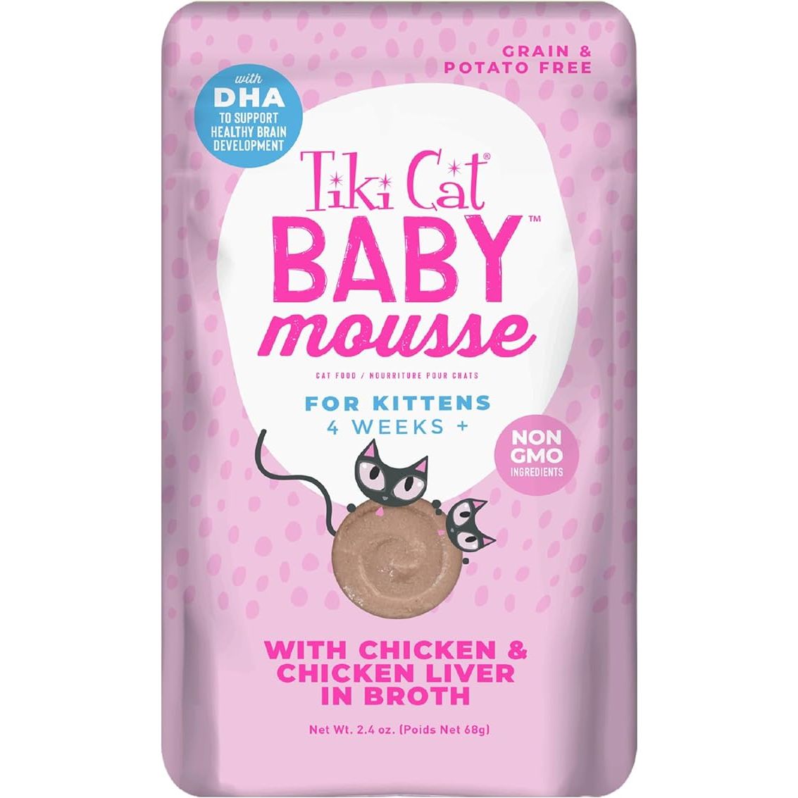 Tiki Cat Baby Chicken and Chicken Liver is a grain-free wet cat food designed specifically for kittens 4 weeks and older. This nutrient-rich formula is packed with high-quality protein from real chicken and chicken liver to support your growing kitten's development and energy needs. Each 2.