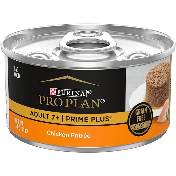 Purina Pro Plan Grain Free Senior Wet Cat Food Pate is specifically formulated for senior cats aged 7 and older. This particular formula, SENIOR Adult 7+ Prime Plus Chicken Entree, is packed with essential nutrients to support the unique needs of aging felines. Each 3 oz.