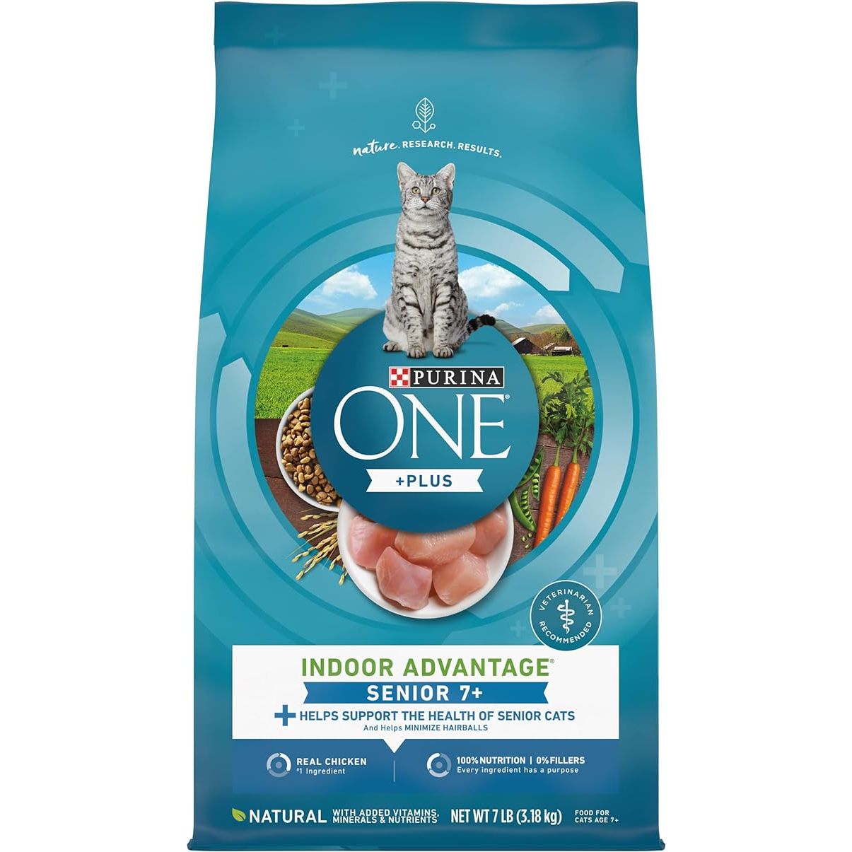 Purina ONE High Protein, Natural Senior Dry Cat Food, Indoor Advantage Senior+ is a specially formulated cat food designed for senior cats aged 7 years and older. The 7lb bag provides your senior cat with a high protein diet to support their muscle maintenance and overall health.