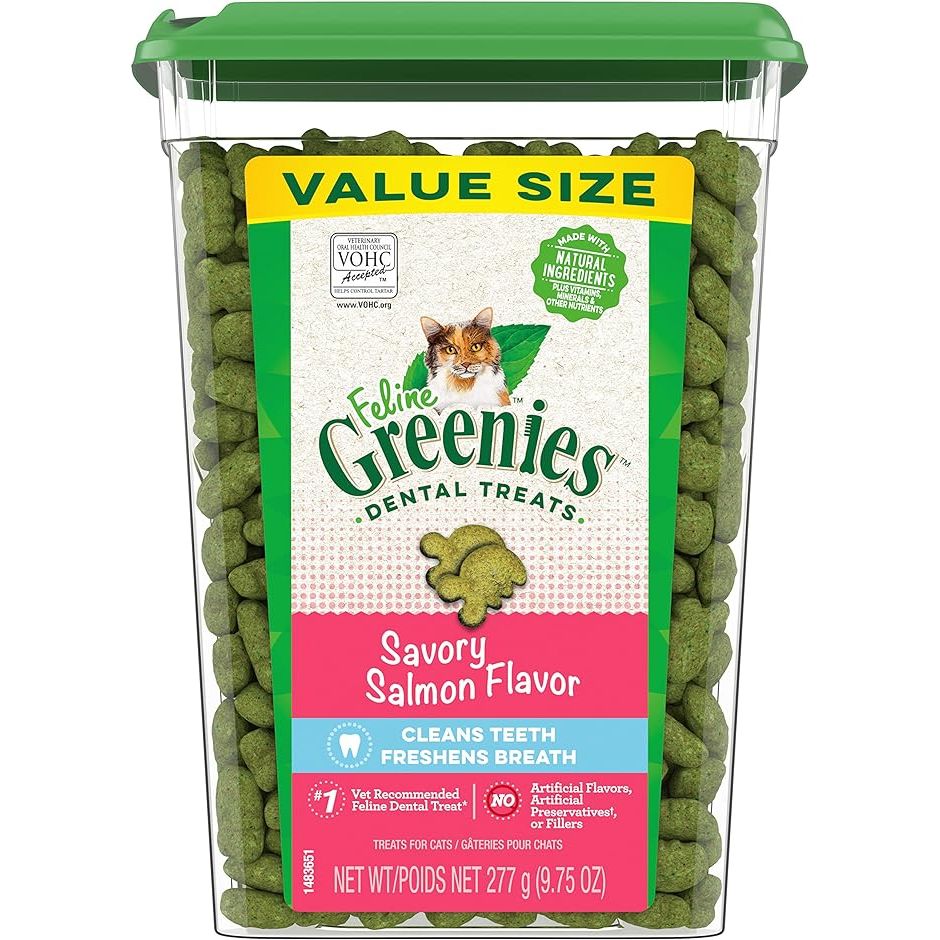 Greenies Feline Adult Natural Dental Care Cat Treats in Savory Salmon Flavor are designed to promote dental health in adult cats. Each treat has a unique texture that helps scrub away tartar and plaque buildup to reduce the risk of dental issues.