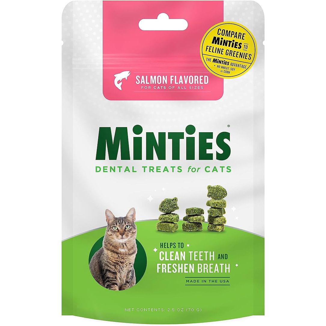 Minties Dental Treats for Cats are a tasty and nutritious way to keep your feline friend's teeth clean and healthy. These specific treats come in a chicken and salmon flavor, appealing to most cats' tastes.