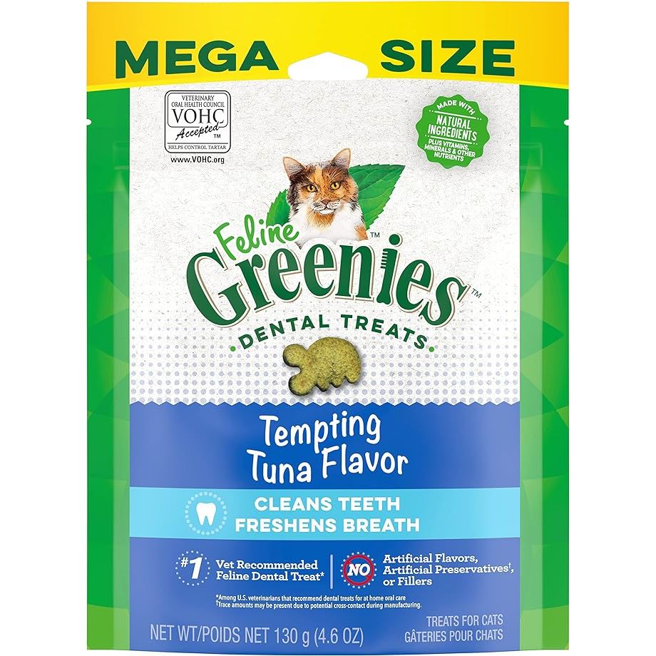 Greenies Feline Adult Natural Dental Care Cat Treats in Tempting Tuna Flavor are a popular choice for cat owners looking to improve their pet's dental health. These treats are designed to help reduce plaque and tartar buildup, promoting better oral hygiene for your feline friend.