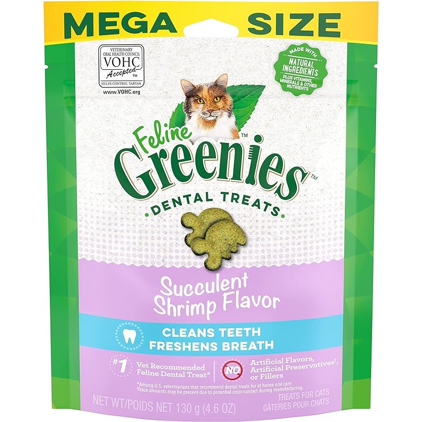 Greenies Feline Adult Natural Dental Care Cat Treats in Succulent Shrimp Flavor are a delicious and nutritious way to help support the dental health of your feline friend. These treats are specially designed to help reduce tartar and plaque buildup, promoting healthier gums and fresher breath.
Each 4.6 oz.