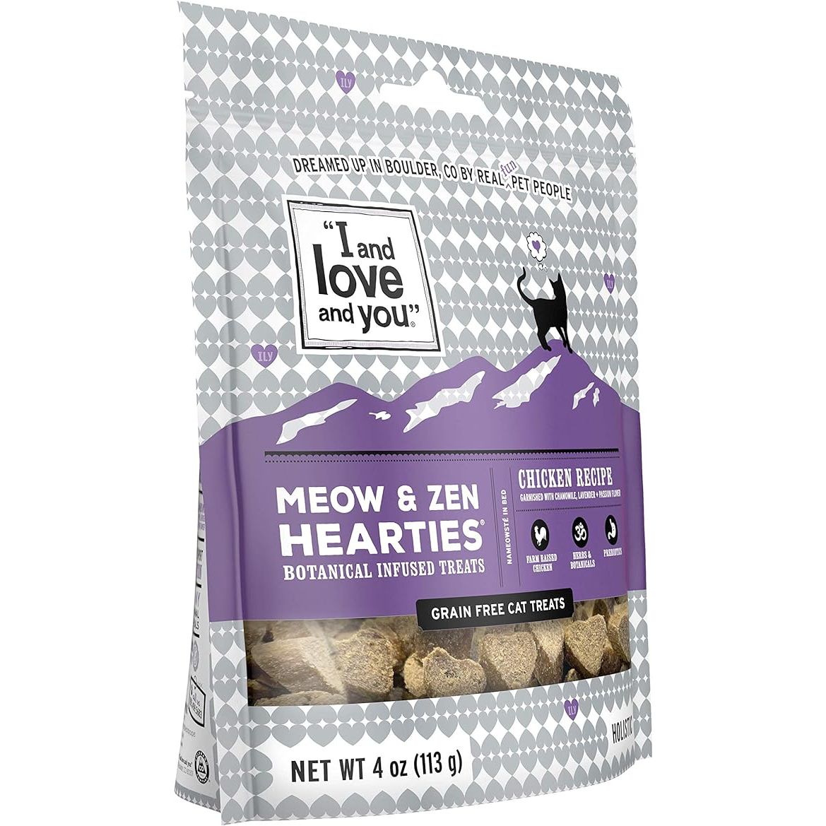 "I and love and you" Meow and Zen Hearties are cat treats formulated to provide support for your cat's overall health and wellness. These treats are grain-free and made with wholesome ingredients to ensure your cat receives high-quality nutrition.