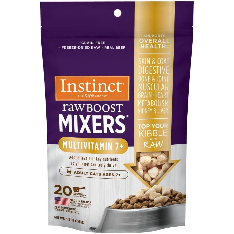 Instinct Raw Boost Mixers Freeze Dried Raw Cat Food Topper is a premium quality grain-free cat food topper enriched with functional ingredients. This 5.5 oz. pack is filled with freeze-dried raw meat that adds a boost of protein and nutrients to your cat's diet.