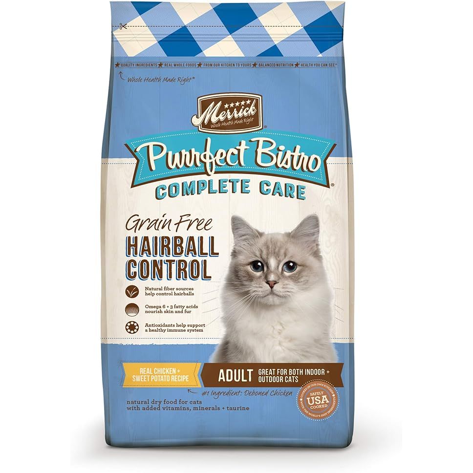 Merrick Purrfect Bistro Grain Free Cat Food, Complete Care Hairball Control Dry Cat Food Recipe is a premium cat food designed to help control hairballs in your feline friend. This formula is made with real deboned chicken as the first ingredient, providing high-quality protein to support your cat's overall health and well-being.