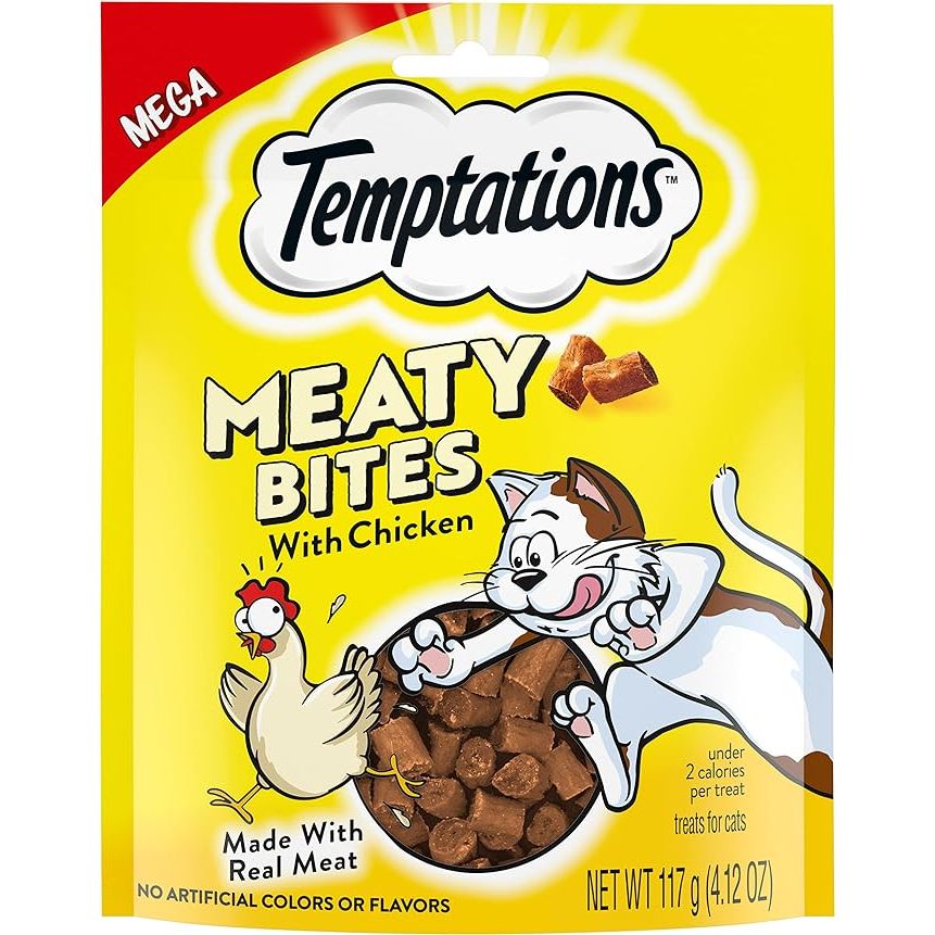 TEMPTATIONS Meaty Bites are soft and savory cat treats that come in a chicken flavor. These treats are made with real chicken meat for a delicious taste that will leave your feline friend coming back for more. Each 4.12 oz.