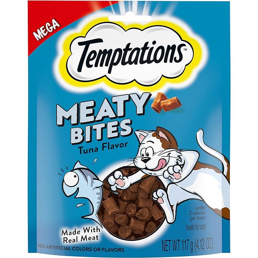 TEMPTATIONS Meaty Bites are soft and savory cat treats that come in a tuna flavor. These treats are available in a 4.12 oz. pouch, making them ideal for rewarding your feline friend or for use as a special treat. Made with real tuna as the first ingredient, these treats are sure to satisfy your cat's cravings for meaty flavors.