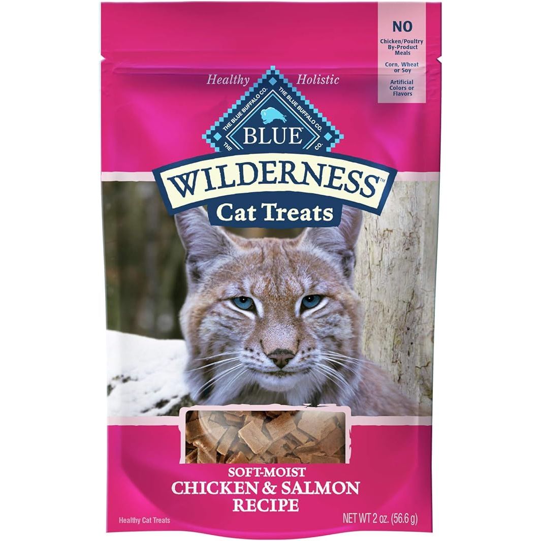 Blue Buffalo Wilderness Grain Free Soft-Moist Cat Treats in Chicken & Salmon flavor are a tasty and nutritious snack option for your feline friend. These treats are made with real chicken and salmon as the first ingredients, providing a high-protein, grain-free diet for your cat.