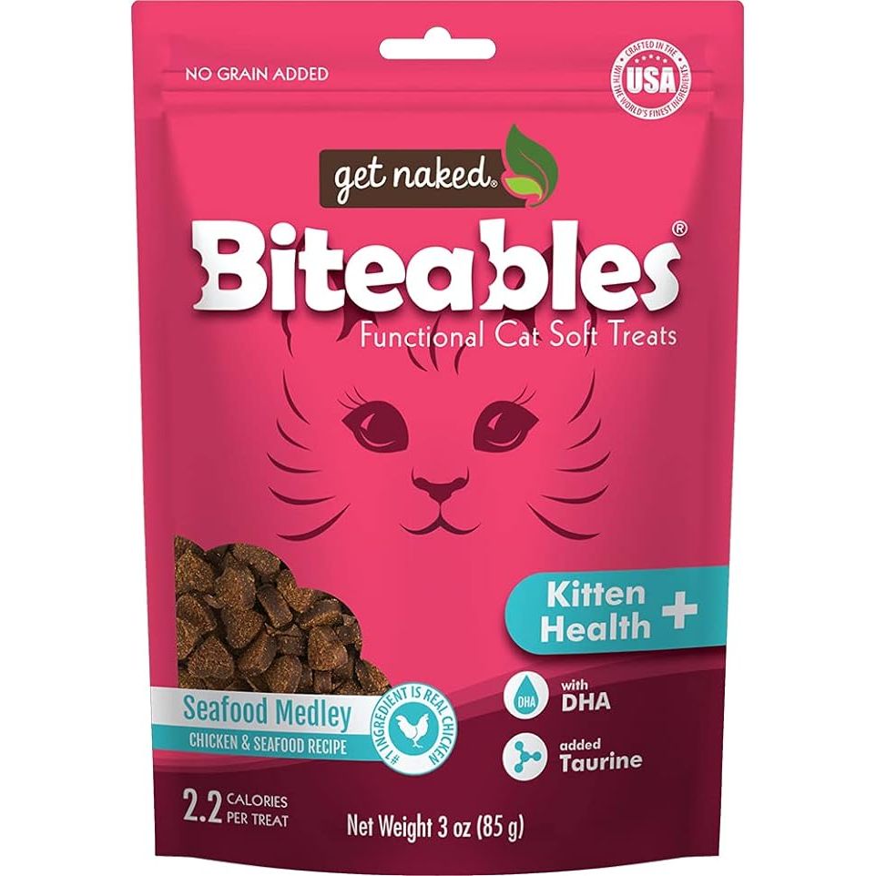 Get Naked Biteables Natural Soft Treats for Cats are a delicious and healthy treat option for your furry friend. This particular variety, Kitten Health Plus, features a Seafood Medley recipe that is sure to satisfy your cat's cravings. Each pouch contains 3 ounces of treats, making it easy to portion out for your pet.