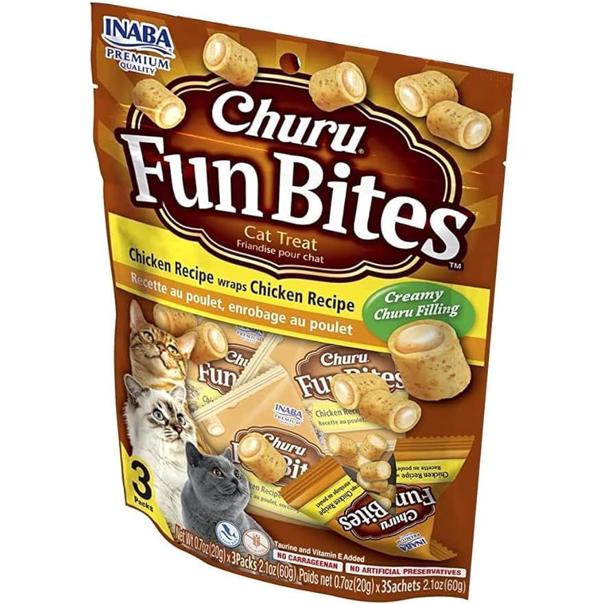 INABA Churu Fun Bites for Cats are a delicious and grain-free cat treat that will have your furry friend purring with joy. These soft and chewy baked treats are filled with a tasty Churu filling that cats love. Each pack contains 0.7 ounces of treats, with one bag containing 3 packs for your cat to enjoy.