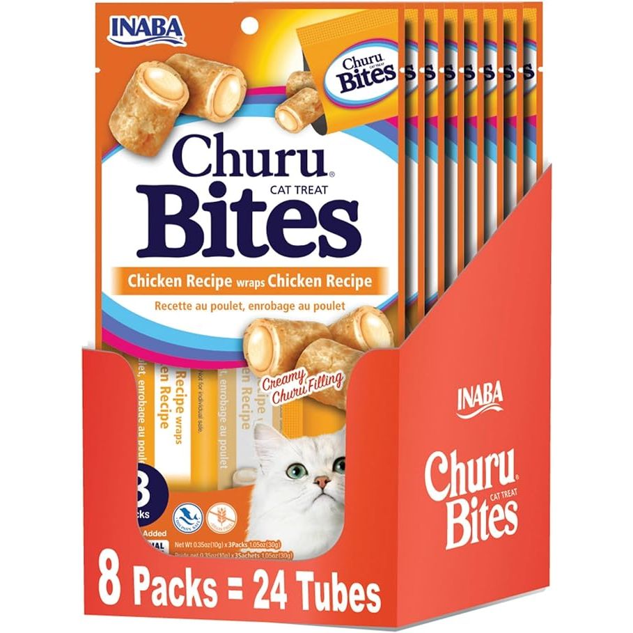 INABA Churu Bites for Cats are soft baked chicken treats that are filled with a blend of real chicken and vitamin E to provide a flavorful and nutritious snack for your feline companion. Each tube contains 0.35 ounces of treats and comes in a pack of 24 tubes, with 3 per pack for convenient portioning.