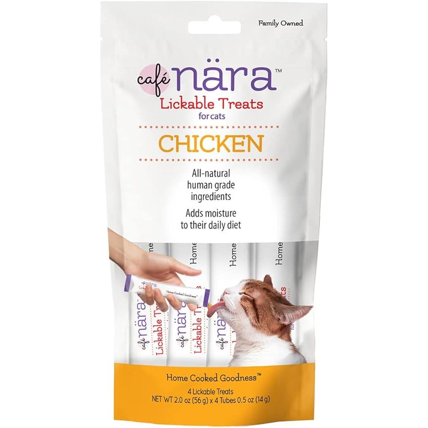 Café Nara Chicken Flavored Lickable Treats for Cats is a delicious and nutritious snack that your feline friend will love. Each pack contains 4 tubes, with each tube containing 14g of the chicken-flavored treat, for a total of 56g or 2 oz of treats.