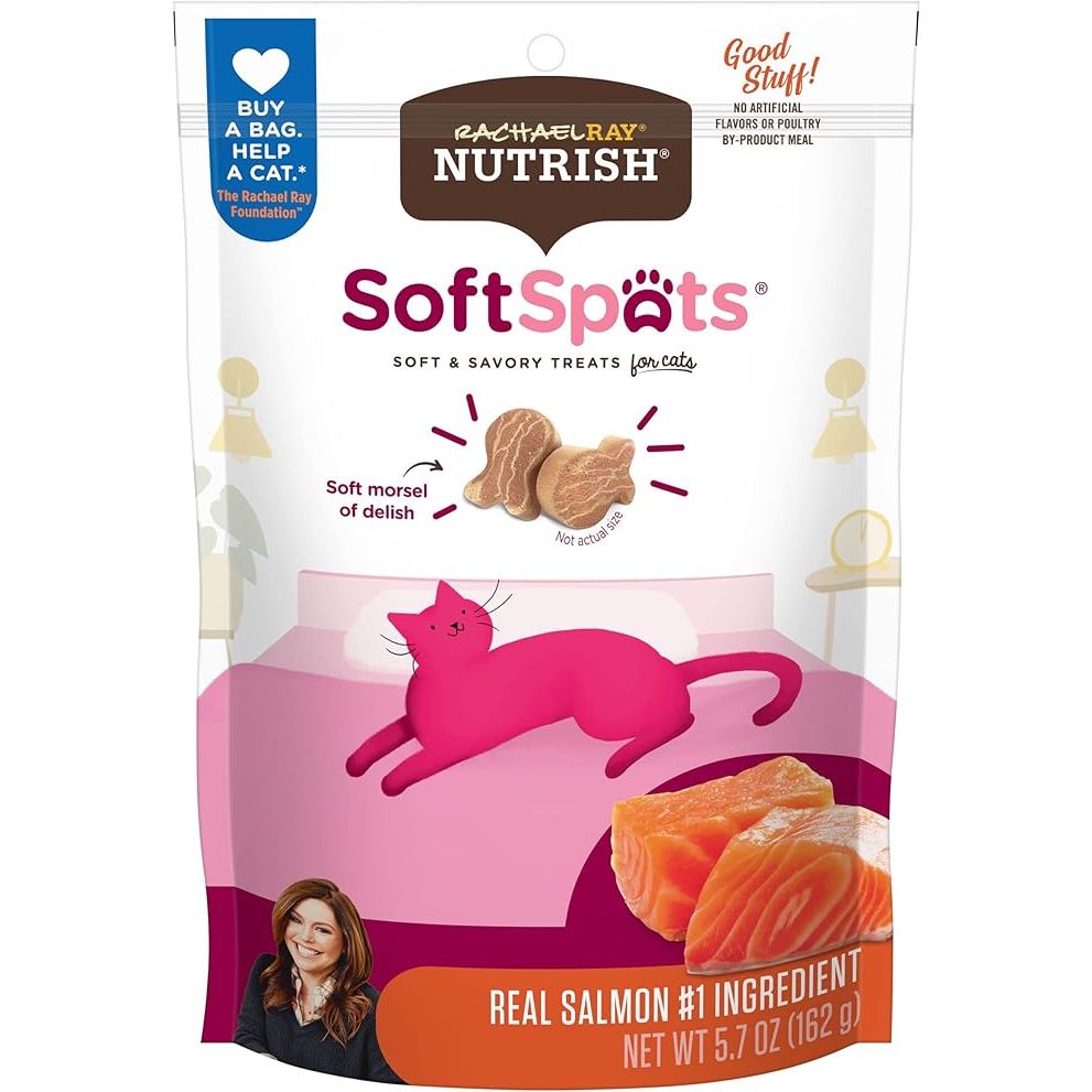 Indulge your feline friend with these deliciously moist and soft cat treats from Rachael Ray's kitchen. With real salmon as the number one ingredient, you can feel good about giving your cat a wholesome and nutritious snack. These treats are not only tasty, but they are also easy on your cat's teeth, making them perfect for all life stages.