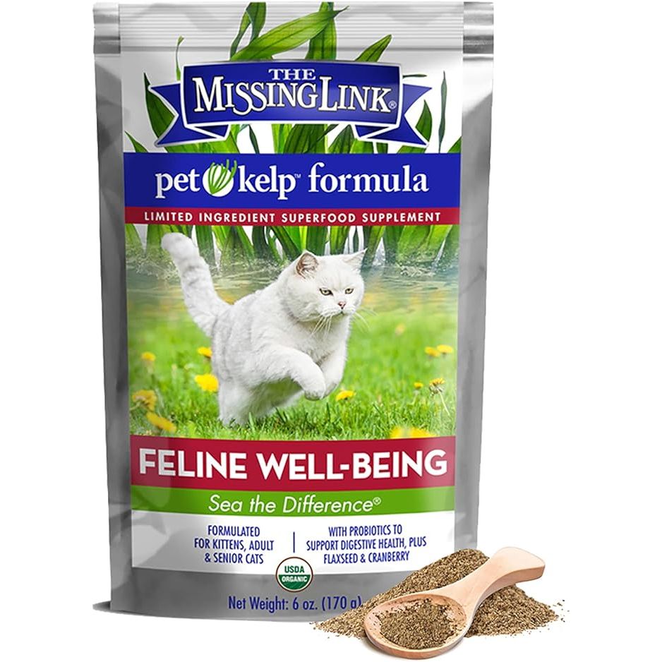 The Missing Link Pet Kelp Feline Well-Being is a 6oz superfood powdered supplement designed to promote digestive and overall health in cats. This organic and limited ingredient formula is made with kelp, a nutrient-rich seaweed known for its health benefits.