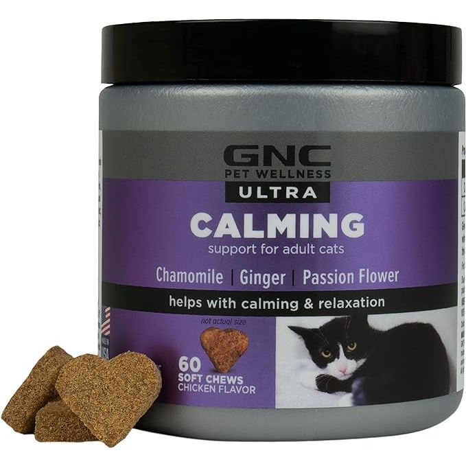 GNC Pets Ultra Calming Soft Chews for cats are a supplement designed to help reduce anxiety and promote relaxation in feline companions. Each 8-oz canister contains 60 chicken-flavored soft chews that can be easily given to cats as a treat.