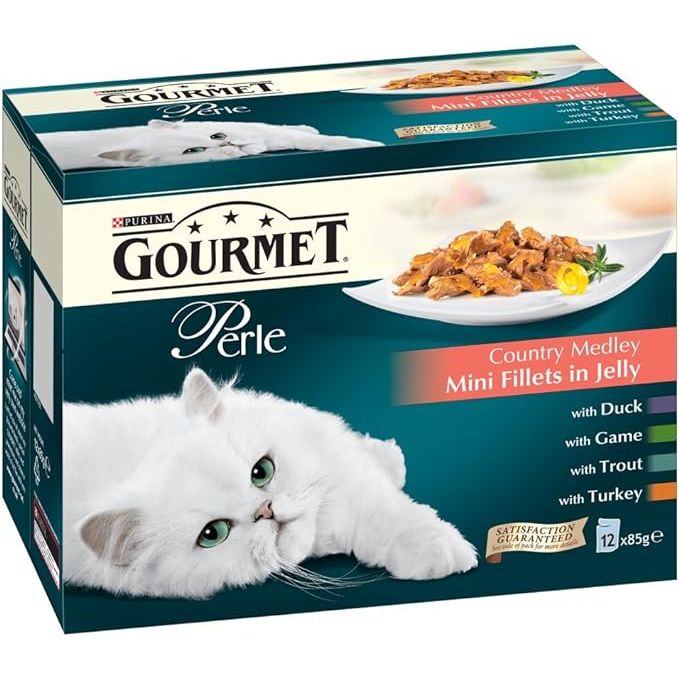 Gourmet Perle Country Medley Chunks in Jelly is a high-quality cat food made with tender chunks of meat, fish, and poultry in a delicious jelly sauce. This particular variety comes in a pack of 12 single-serve pouches, each containing 85g of food. 

The Country Medley flavor features a blend of different proteins including beef, duck, turkey, and lamb, providing a variety of tastes and textures to keep your cat interested at mealtime. The jelly sauce adds moisture to the food, making it easier for cats to eat and digest.

This cat food is nutritionally balanced to meet the dietary needs of adult cats, providing essential vitamins and minerals to support overall health and wellbeing. Gourmet Perle is known for its gourmet recipes and high-quality ingredients, ensuring that your cat receives a tasty and satisfying meal every time. Description by ChatGPT.