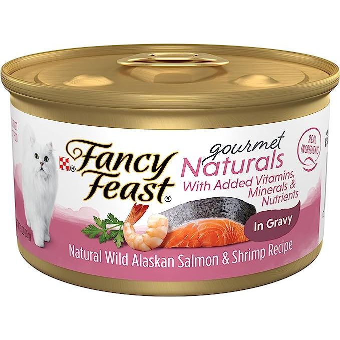 Purina Fancy Feast Wet Cat Food Gourmet Naturals Wild Alaskan Salmon and Shrimp Recipe in Wet Cat Food Gravy is a high-quality wet cat food made with real wild Alaskan salmon and shrimp. This gourmet recipe is packed with protein to help support your cat's strong muscles and overall health.
Each pack contains 12 cans of 3 oz.