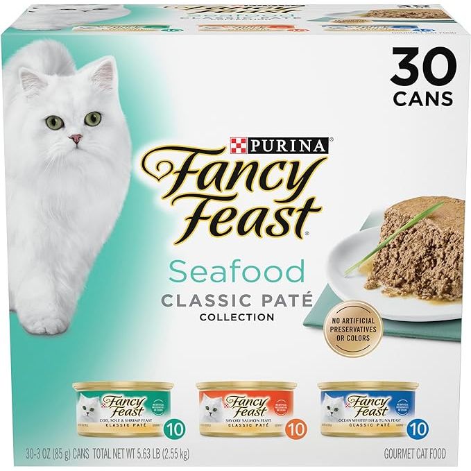 Purina Fancy Feast Seafood Classic Pate Collection Grain Free Wet Cat Food Variety Pack is a convenient and delicious option for your feline friend. This pack includes 30 3 oz. cans of wet cat food in a variety of seafood flavors.