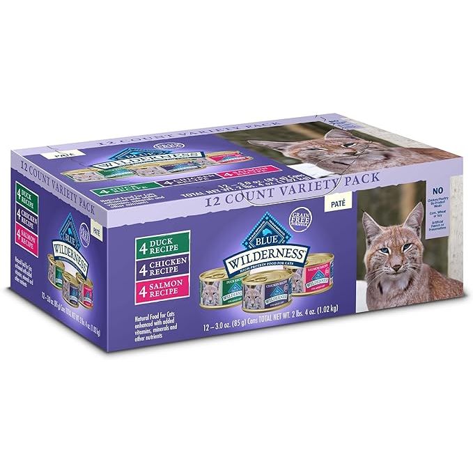 Blue Buffalo Wilderness High Protein, Natural Adult Pate Wet Cat Food Variety Pack is a premium wet cat food that offers a variety of flavors for your feline friend to enjoy. Each pack includes 12 cans, with 4 of each flavor - chicken, salmon, and duck.