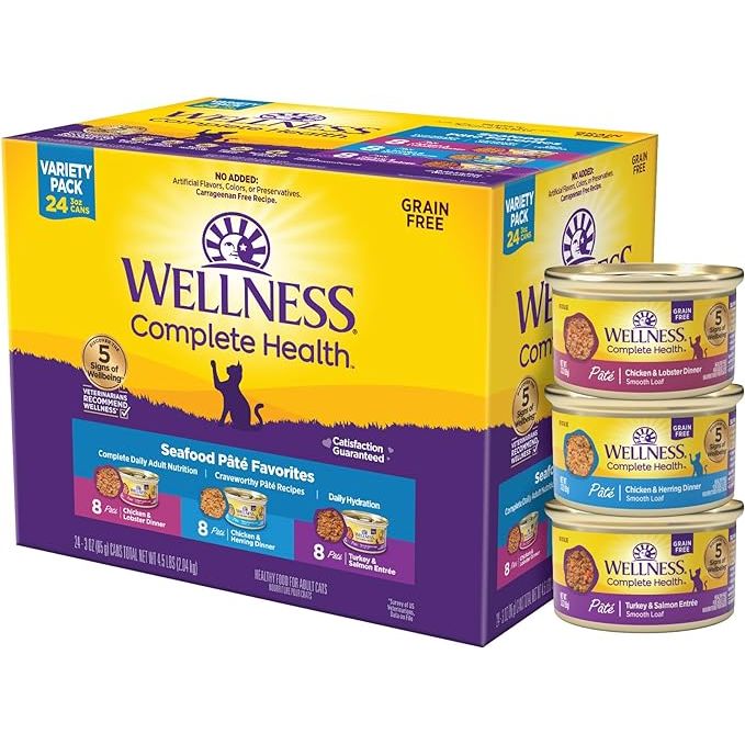 Wellness Complete Health Grain-Free Wet Canned Cat Food, Seafood Pate Favorites Variety Pack is a high-quality and nutritious option for your feline friend. This variety pack includes three different flavors of seafood pate: Tuna, Salmon, and Whitefish & Tuna.