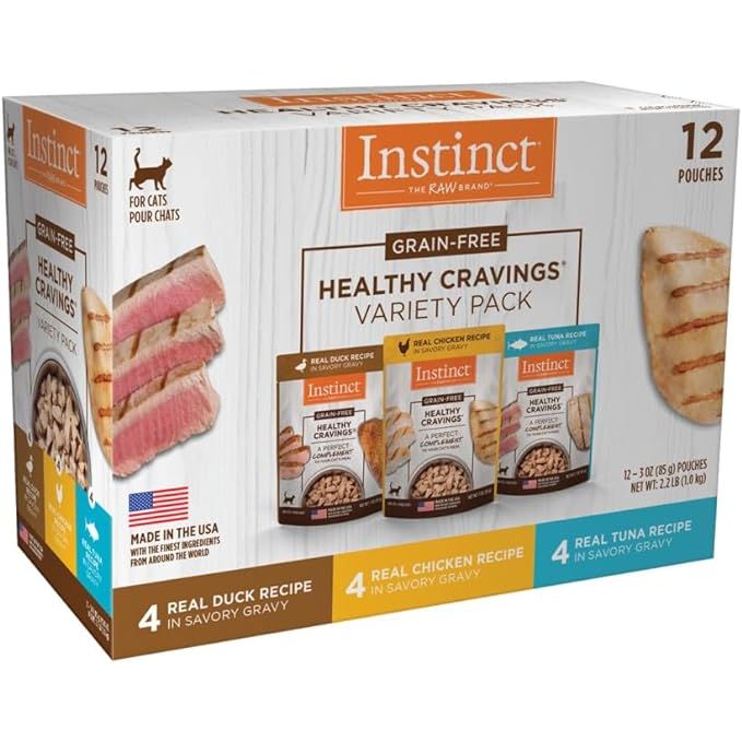 Instinct Healthy Cravings Grain Free Recipe Variety Pack Natural Wet Cat Food Topper by Nature's Variety is a pack of 12 3 oz. pouches of cat food that are designed to be a tasty and nutritious addition to your feline companion's diet.