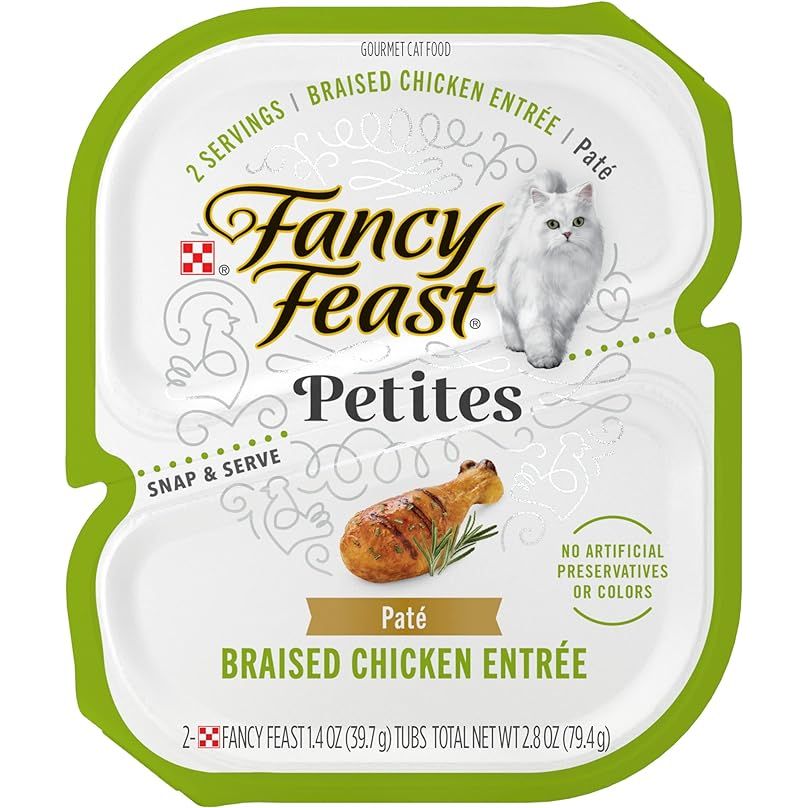 Purina Fancy Feast Petites Gourmet Wet Cat Food Pate in Petites Braised Chicken Entree is a high-quality cat food option that comes in convenient 2.8 oz. tubs. This pack includes 12 tubs of the braised chicken pate, providing a delicious and nutritious meal for your feline friend.