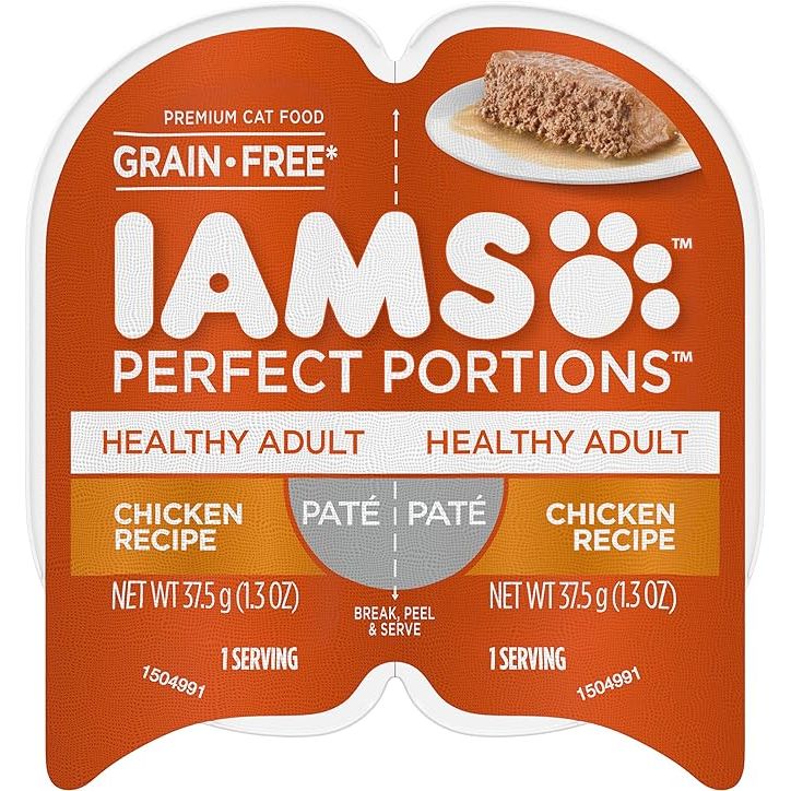 IAMS PERFECT PORTIONS Healthy Adult Grain Free Wet Cat Food Paté in chicken recipe is a convenient and nutritious option for your feline companion. The pack contains 24 twin-pack trays, each measuring 2.6 oz. The easy peel design makes feeding time hassle-free and eliminates the need for messy cans or serving utensils.