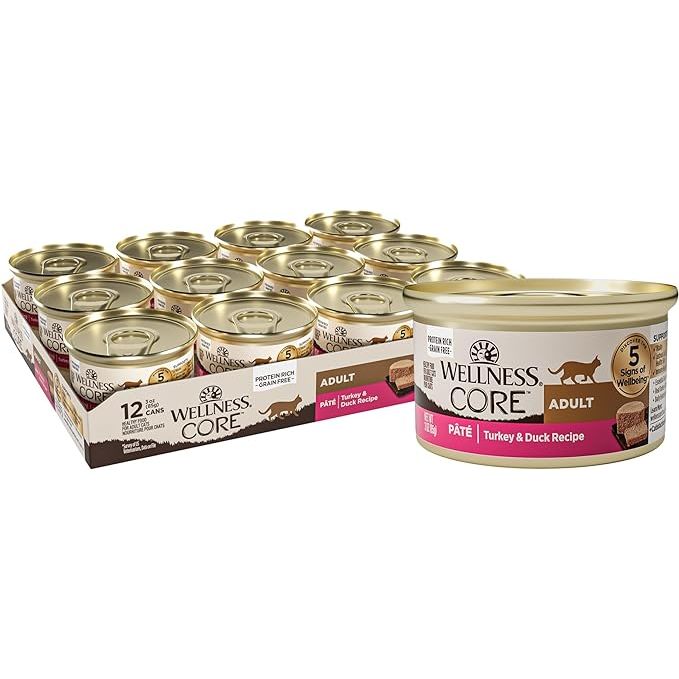 Wellness CORE Grain-Free Wet Cat Food is a natural canned food option for your feline companion. It is made with real meat, specifically turkey and duck pate, providing a high-protein diet that cats need to thrive. This formula is grain-free, which can be beneficial for cats with food sensitivities or allergies.