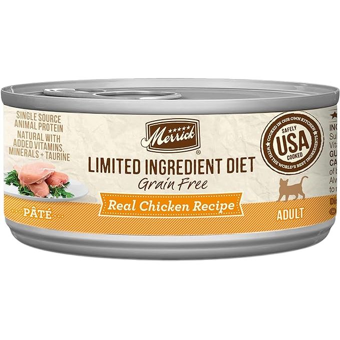 Merrick Limited Ingredient Diet Premium Grain-Free and Natural Canned Pate Wet Cat Food in the Chicken Recipe is a high-quality cat food option made with minimal ingredients. Each 2.75 oz. can contains a simple and nutritious recipe that focuses on providing your cat with a wholesome and balanced meal.