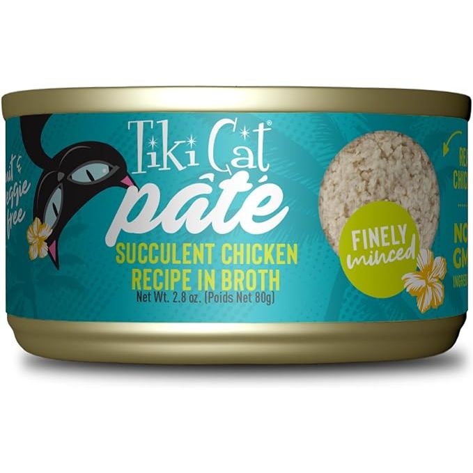 Tiki Cat Luau Pâté Succulent Chicken Recipe in Broth is a grain-free wet canned cat food that provides balanced nutrition for all life stages. This recipe features real chicken as the first ingredient, which is a high-quality source of protein to support your cat's muscle health.