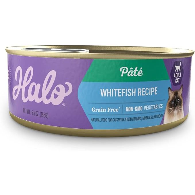 Indulge your feline friend with the meaty and delicious Halo Whitefish Recipe Grain Free Wet Cat Food Pate. Made with real, whole whitefish as the number 1 ingredient, this natural cat food provides a rich, meaty taste that cats love.