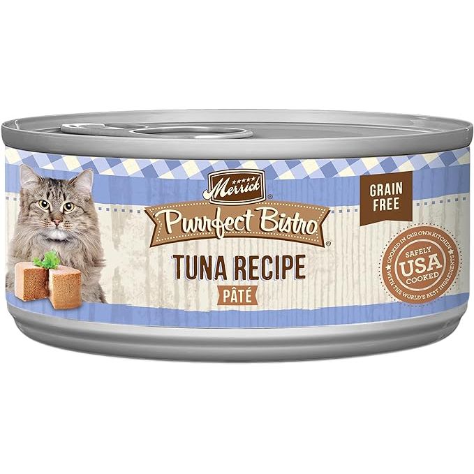 Merrick Purrfect Bistro Grain Free Premium Soft Canned Pate Adult Wet Cat Food is a high-quality, grain-free cat food that is specially formulated for adult cats. This canned pate cat food features a tuna recipe that is high in protein, making it a nutritious option for your feline friend.