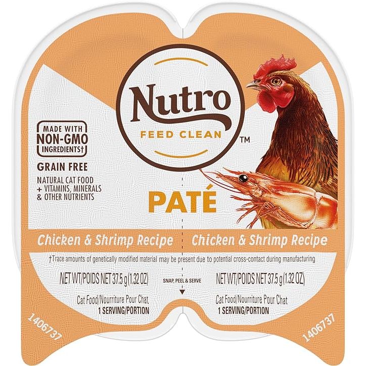 NUTRO Grain Free Natural Wet Cat Food Paté Chicken & Shrimp Recipe is a high-quality cat food option that comes in convenient 2.64 oz twin-pack trays. This particular pack contains 24 trays, making it a great option for stocking up on nutritious meals for your feline friend.