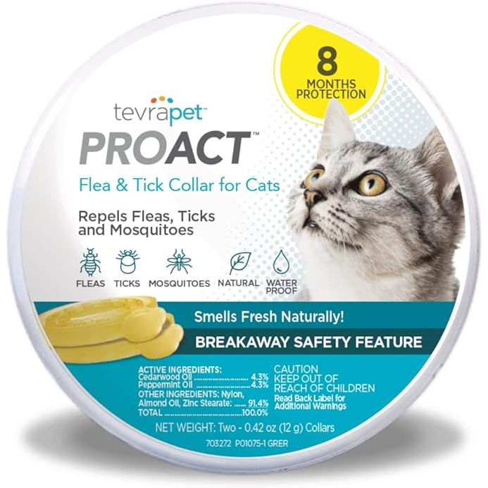 TevraPet Proact Flea and Tick Collar for Cats offers 8 months of protection against fleas and ticks, as well as repelling mosquitos. The collar is designed to release active ingredients slowly over time, providing long-lasting protection for your feline friend.