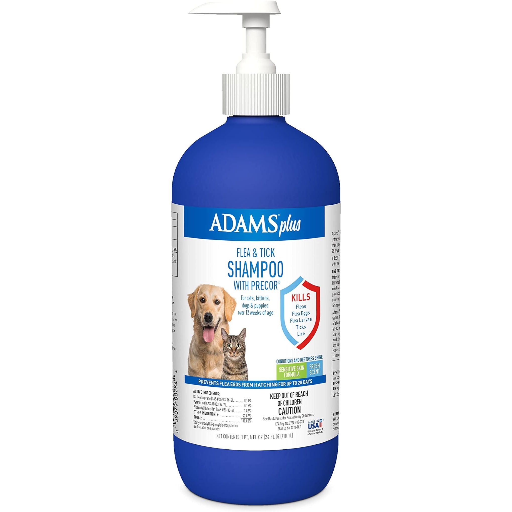 Adams Plus Flea & Tick Shampoo with Precor is a specially formulated shampoo designed for cats, kittens, dogs, and puppies over 12 weeks of age. This flea treatment is ideal for pets with sensitive skin as it is gentle yet effective at killing adult fleas, flea eggs, ticks, and lice.