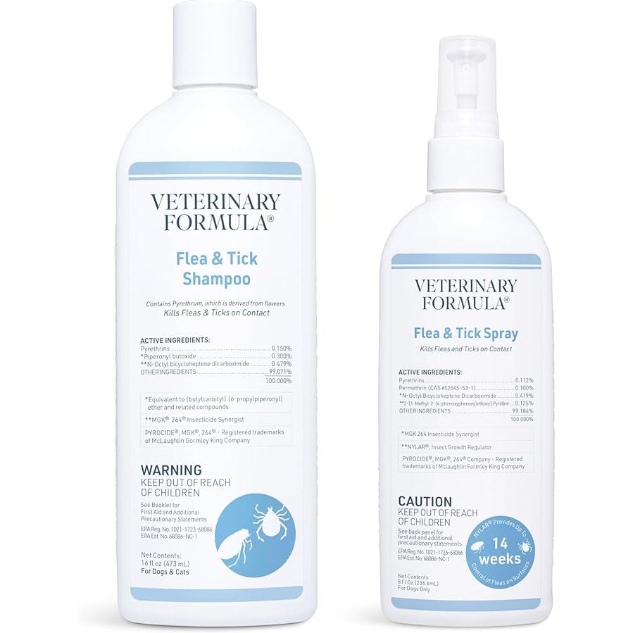 The Bundle of Veterinary Formula Flea and Tick Shampoo for Dogs and Cats includes a 16 oz bottle of shampoo specially formulated to kill and repel fleas and ticks on dogs and cats. The shampoo is gentle enough for use on puppies and kittens over 12 weeks of age and is enriched with oatmeal to soothe irritated skin.