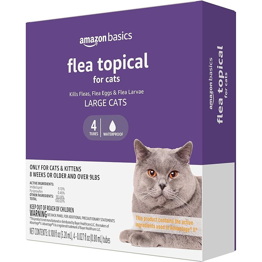 Amazon Brand- Solimo Flea Topical for Large Cats is a convenient and effective way to protect your feline friend from fleas and ticks. Each package includes 4 easy-to-use topical treatments specifically designed for cats over 9 pounds. The formula is fast-acting and long-lasting, providing up to 30 days of protection against these pesky parasites.